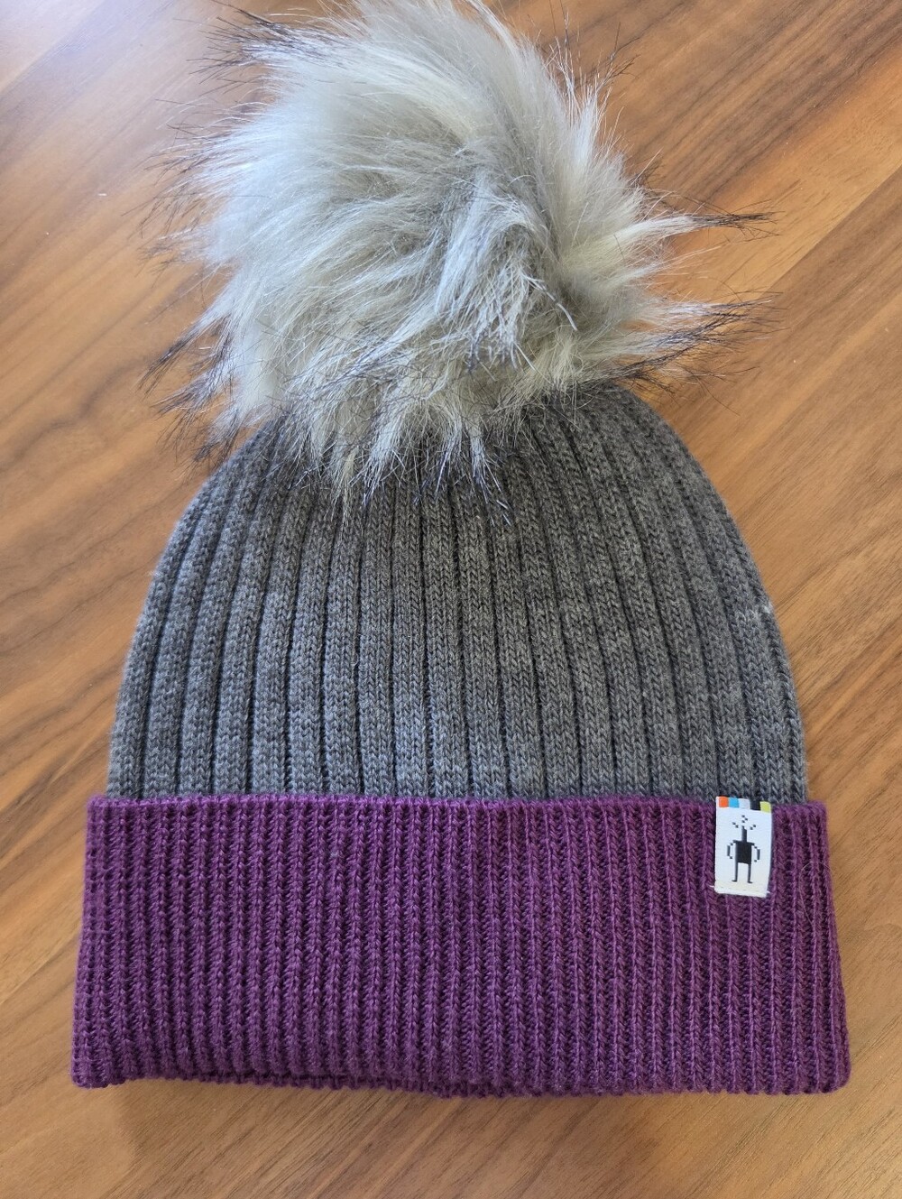 Smartwool Powder Pass Faux Fur Pom Beanie Gray Purple Merino Wool